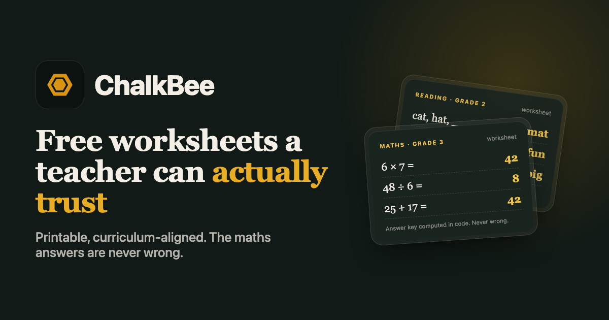 ChalkBee presenting printable primary-school worksheets with computed maths answer keys.