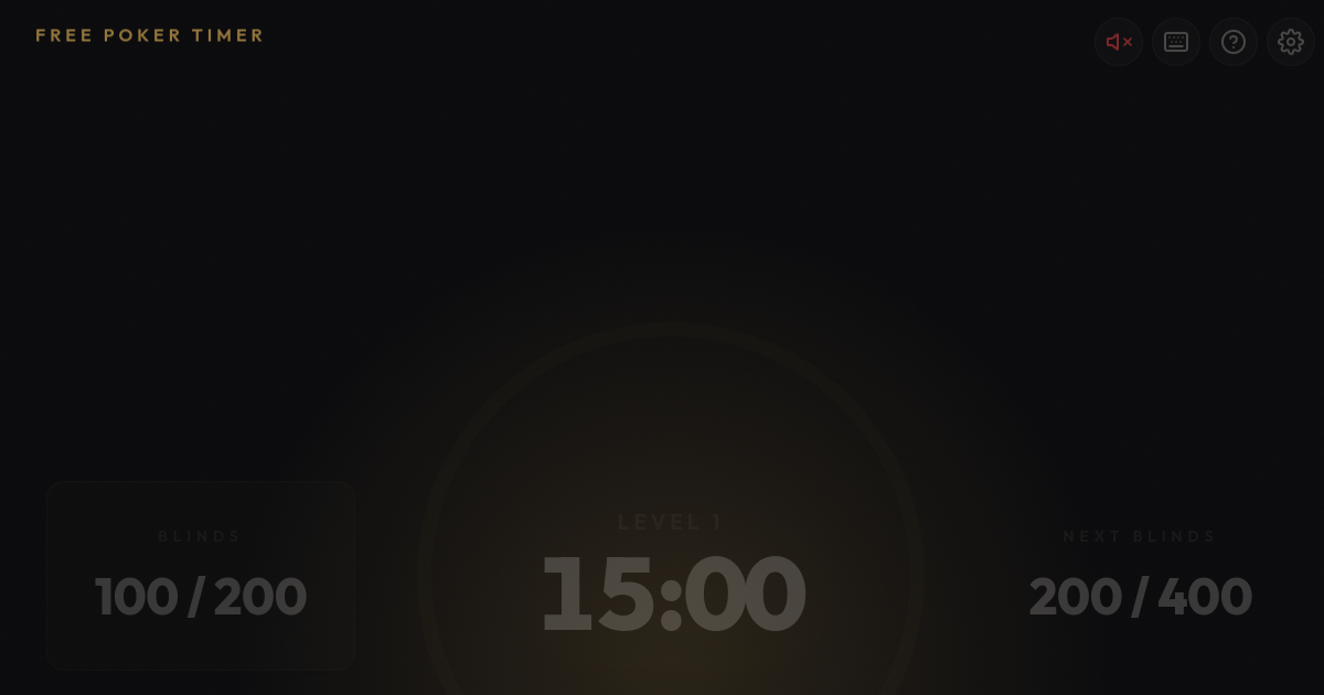 Free Poker Timer showing the current blinds, countdown, and next blind level for a home game.