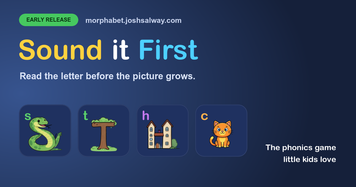 Sound It First presenting letters before their picture clues in a phonics game for young children.